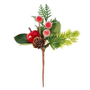 Ветка еловая с ягодами/яблоком и шишкой 15 см