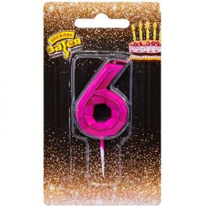 Свеча цифра Диамант Маджента №6 4,5см/V