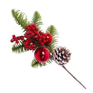 Декоративная ветка с ягодами, шариками и шишками 28-32см