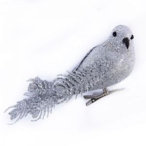 Елочное украшение Птичка Серебро 16см