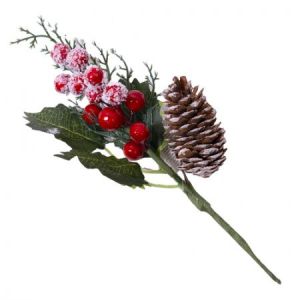 Ветка еловая с заснеженными ягодами и шишками 25см