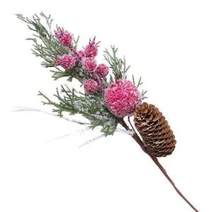 Ветка еловая заснеженная с ягодами и шишкой 39см