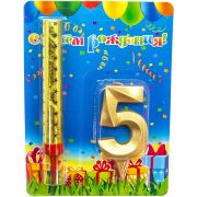 Набор, Фонтан и Свеча Цифра, 5 Грани, Золото, 10 см, 1 шт.