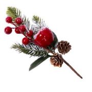 Ветка еловая с заснеженными яблоком, ягодами и шишками 25см