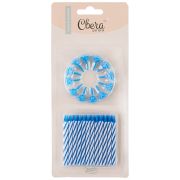 Свечи Белые полоски, Голубой, 6 см, 24 шт. с держат.