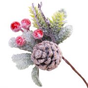 Ветка еловая заснеженная с ягодами и шишкой 22см
