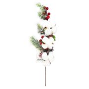 Ветка хлопка искусственная с красными ягодами и шишкой / 1 шт / (Китай)