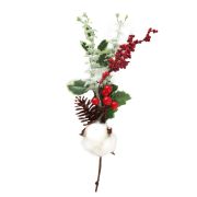 Ветка хлопка искусственная с красными ягодами, шишкой, остроконечным листом / 1 шт / (Китай)