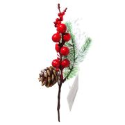 Ветка ели искусственная с красными ягодами и шишкой, 20 см / 1 шт / (Китай)