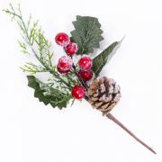 Ветка еловая заснеженная с ягодами и шишкой 25см XY2020-222